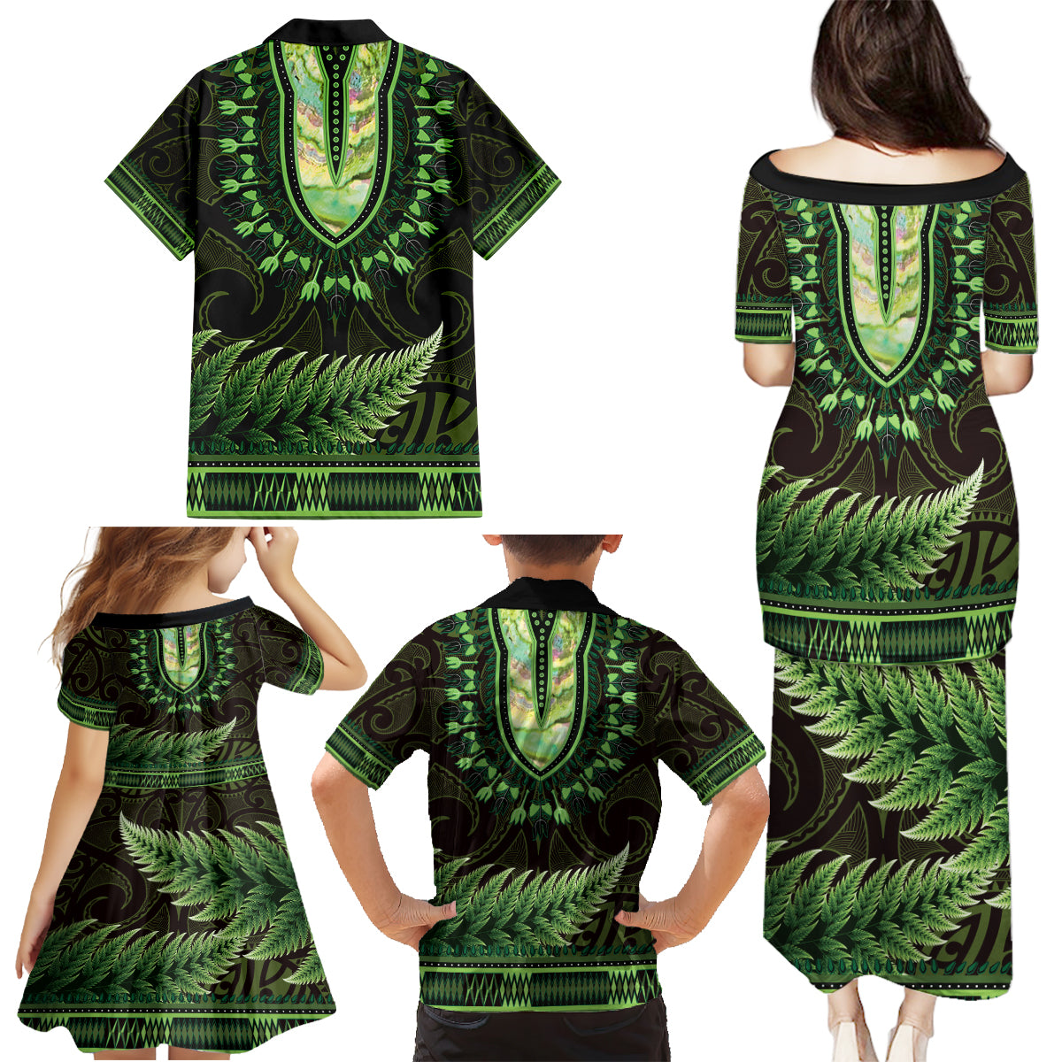 Lime Green African Dashiki With Aotearoa Maori Family Matching Puletasi and Hawaiian Shirt Paua Shell Mix Silver Fern LT14 - Polynesian Pride