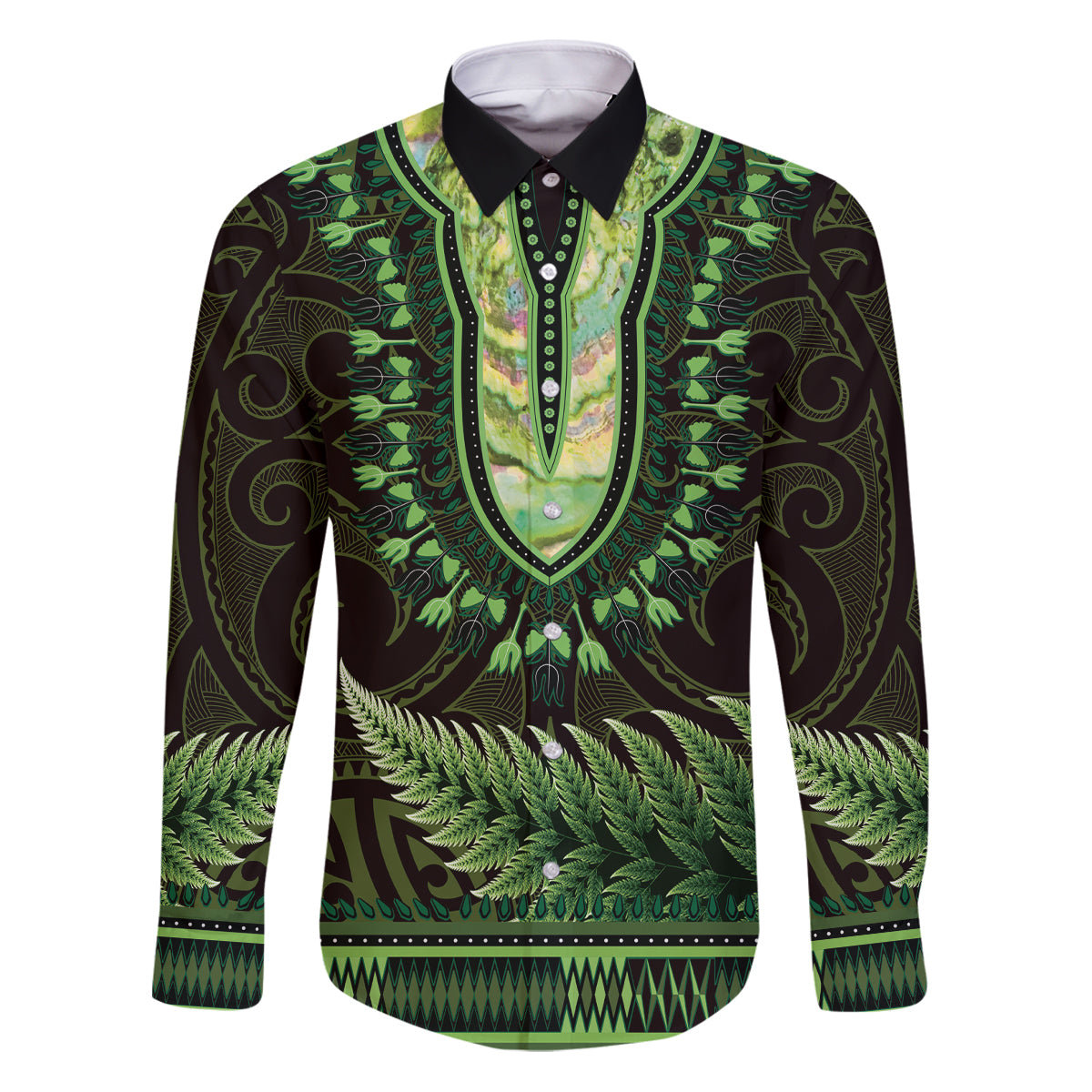 Lime Green African Dashiki With Aotearoa Maori Family Matching Puletasi and Hawaiian Shirt Paua Shell Mix Silver Fern LT14 Dad's Shirt - Long Sleeve Lime Green - Polynesian Pride
