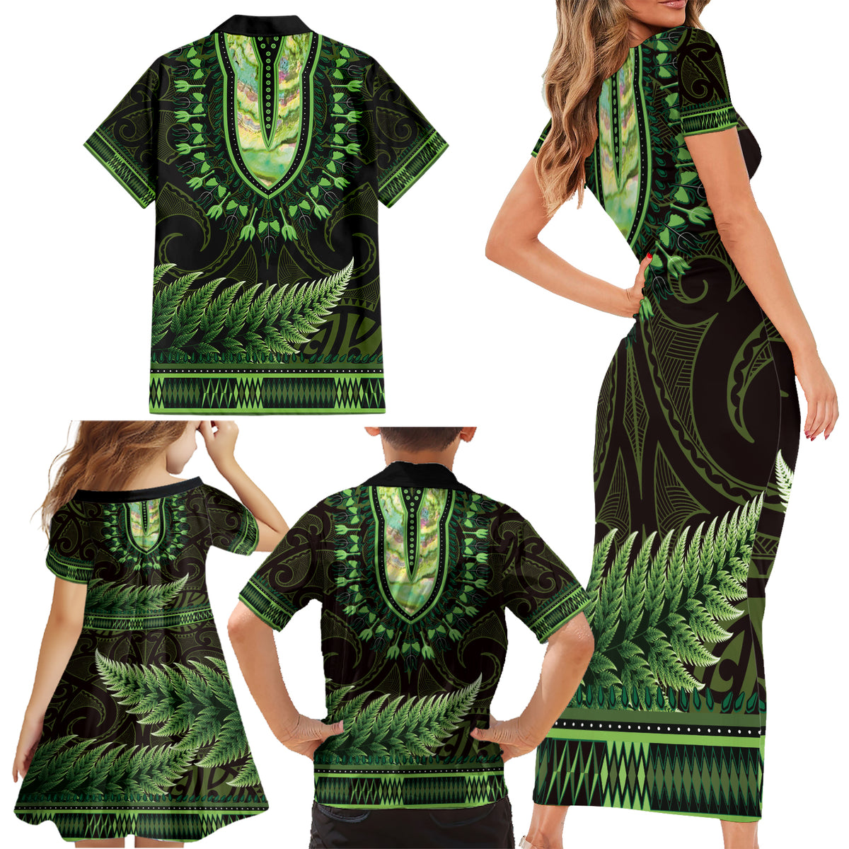 Lime Green African Dashiki With Aotearoa Maori Family Matching Short Sleeve Bodycon Dress and Hawaiian Shirt Paua Shell Mix Silver Fern LT14 - Polynesian Pride
