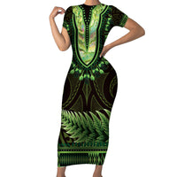 Lime Green African Dashiki With Aotearoa Maori Family Matching Short Sleeve Bodycon Dress and Hawaiian Shirt Paua Shell Mix Silver Fern LT14 Mom's Dress Lime Green - Polynesian Pride