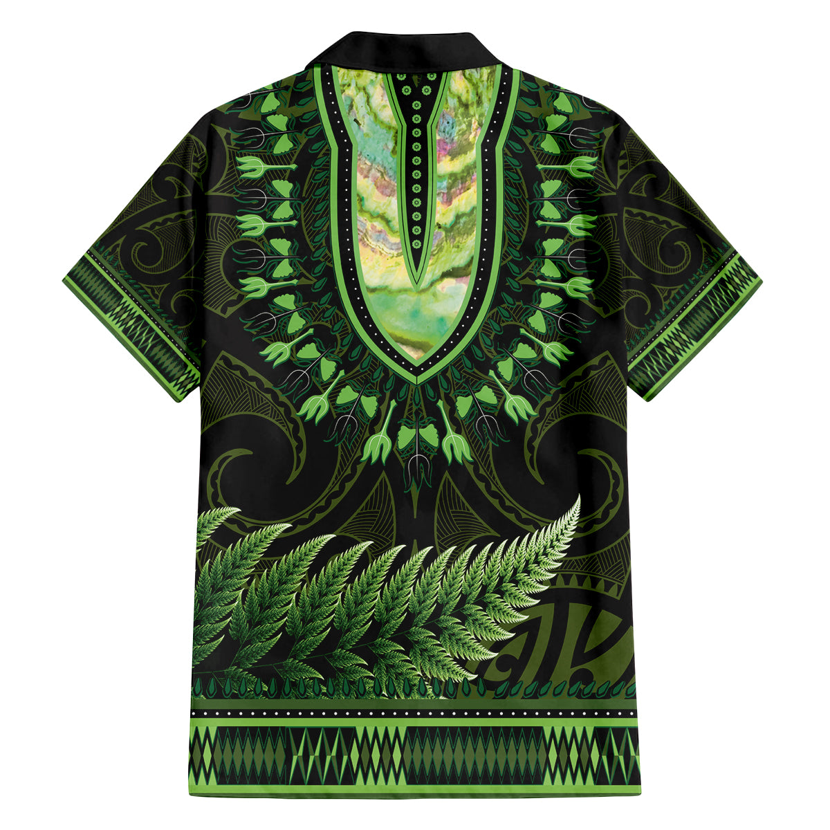 Lime Green African Dashiki With Aotearoa Maori Family Matching Summer Maxi Dress and Hawaiian Shirt Paua Shell Mix Silver Fern LT14 - Polynesian Pride