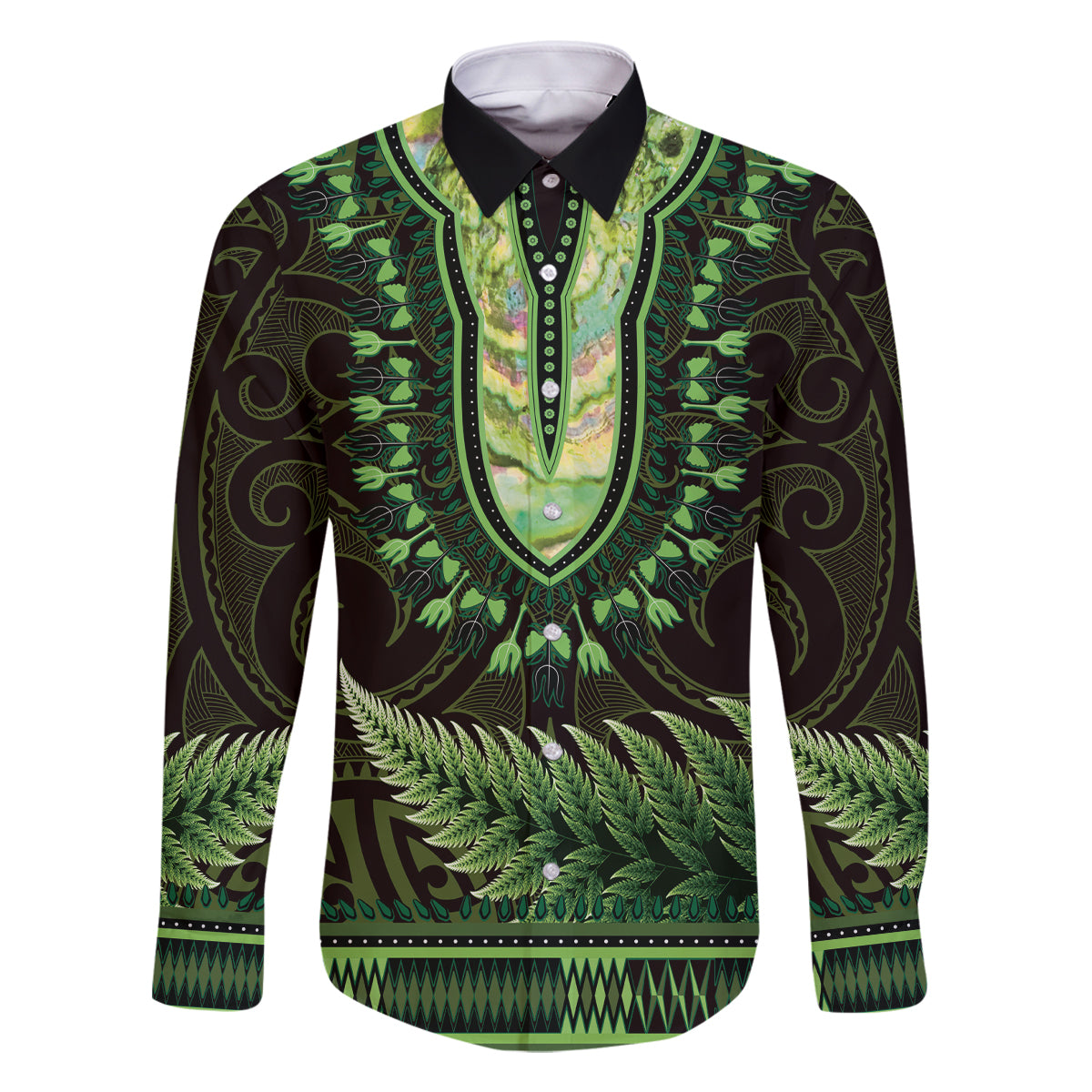 Lime Green African Dashiki With Aotearoa Maori Family Matching Summer Maxi Dress and Hawaiian Shirt Paua Shell Mix Silver Fern LT14 Dad's Shirt - Long Sleeve Lime Green - Polynesian Pride