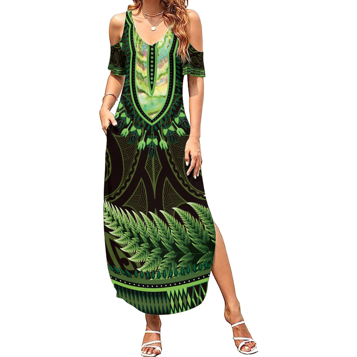 Lime Green African Dashiki With Aotearoa Maori Family Matching Summer Maxi Dress and Hawaiian Shirt Paua Shell Mix Silver Fern LT14 Mom's Dress Lime Green - Polynesian Pride