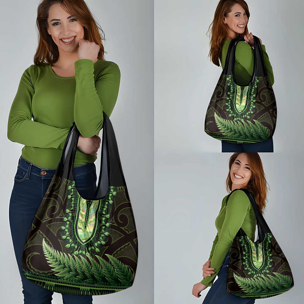 Lime Green African Dashiki With Aotearoa Maori Grocery Bag Paua Shell Mix Silver Fern