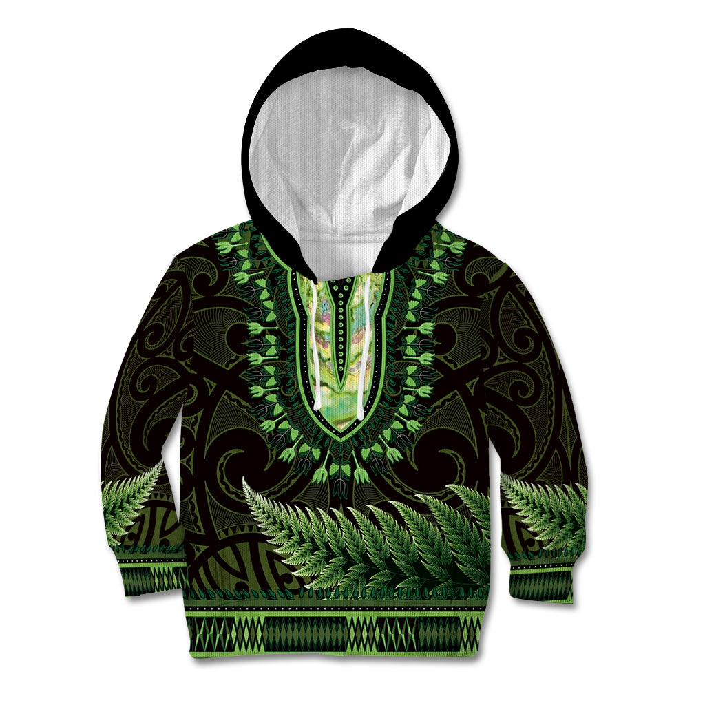 Lime Green African Dashiki With Aotearoa Maori Kid Hoodie Paua Shell Mix Silver Fern LT14 Hoodie Lime Green - Polynesian Pride