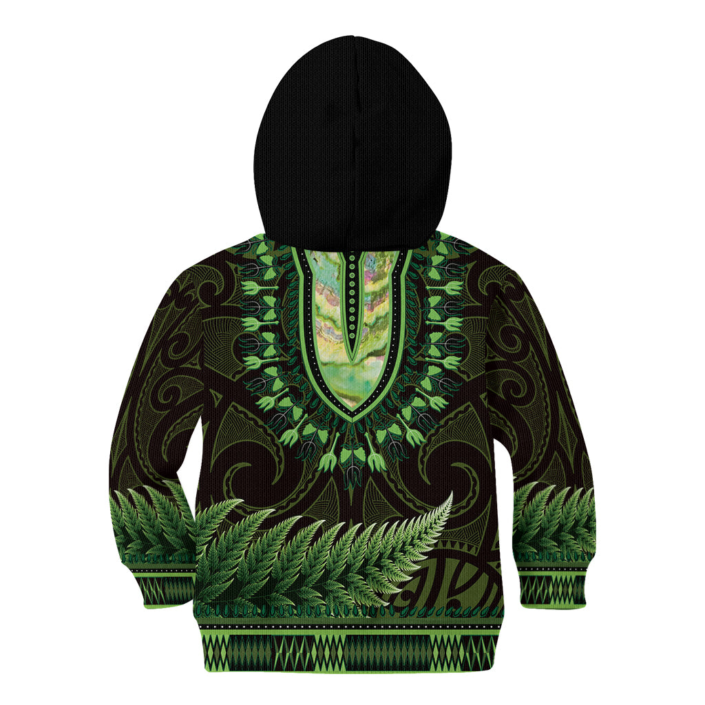 Lime Green African Dashiki With Aotearoa Maori Kid Hoodie Paua Shell Mix Silver Fern LT14 - Polynesian Pride