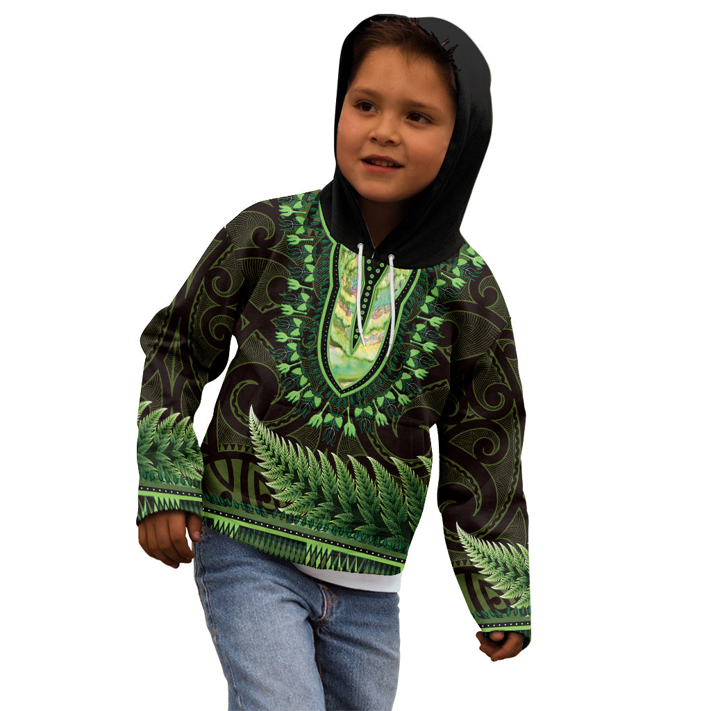 Lime Green African Dashiki With Aotearoa Maori Kid Hoodie Paua Shell Mix Silver Fern LT14 - Polynesian Pride