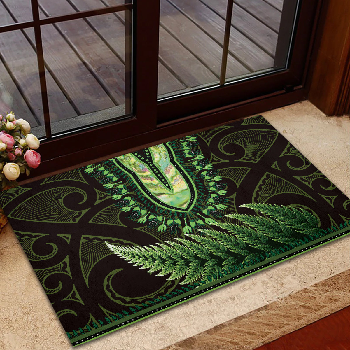 Lime Green African Dashiki With Aotearoa Maori Rubber Doormat Paua Shell Mix Silver Fern LT14 - Polynesian Pride