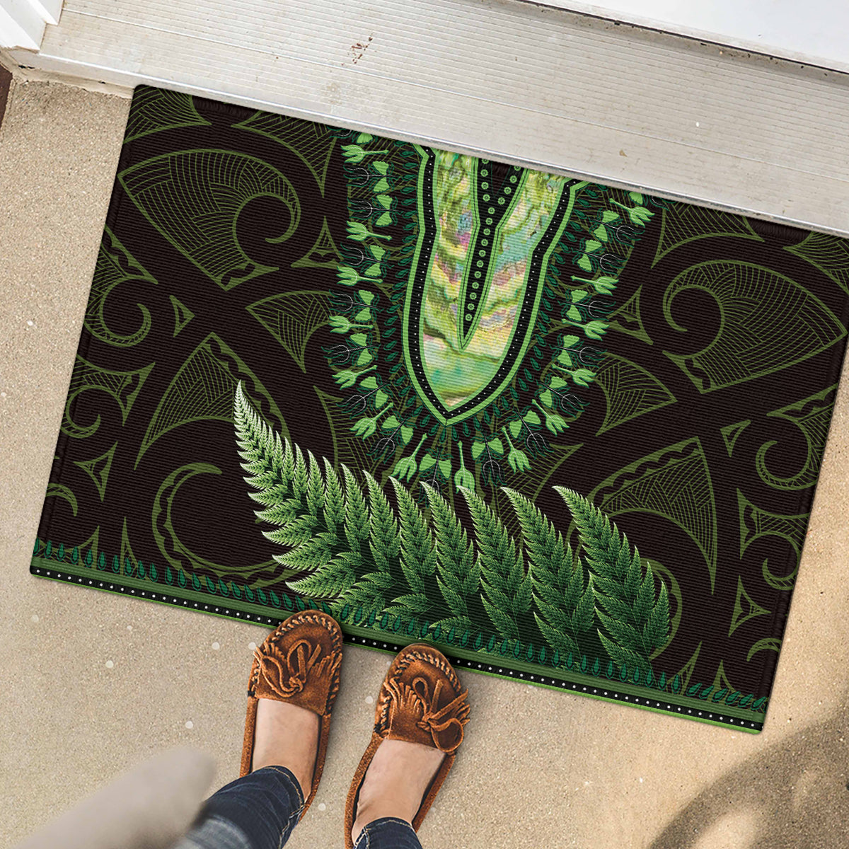 Lime Green African Dashiki With Aotearoa Maori Rubber Doormat Paua Shell Mix Silver Fern LT14 - Polynesian Pride