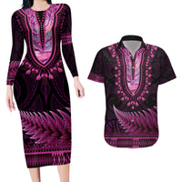 Pink African Dashiki With Aotearoa Maori Couples Matching Long Sleeve Bodycon Dress and Hawaiian Shirt Paua Shell Mix Silver Fern LT14 Pink - Polynesian Pride