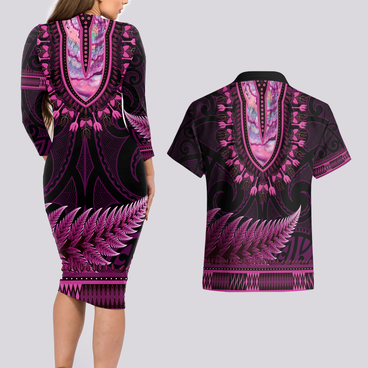 Pink African Dashiki With Aotearoa Maori Couples Matching Long Sleeve Bodycon Dress and Hawaiian Shirt Paua Shell Mix Silver Fern LT14 - Polynesian Pride