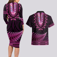 Pink African Dashiki With Aotearoa Maori Couples Matching Long Sleeve Bodycon Dress and Hawaiian Shirt Paua Shell Mix Silver Fern LT14 - Polynesian Pride