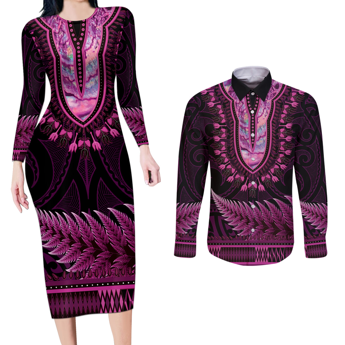 Pink African Dashiki With Aotearoa Maori Couples Matching Long Sleeve Bodycon Dress and Long Sleeve Button Shirt Paua Shell Mix Silver Fern LT14 Pink - Polynesian Pride