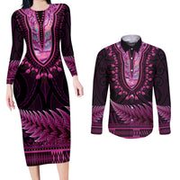 Pink African Dashiki With Aotearoa Maori Couples Matching Long Sleeve Bodycon Dress and Long Sleeve Button Shirt Paua Shell Mix Silver Fern LT14 Pink - Polynesian Pride