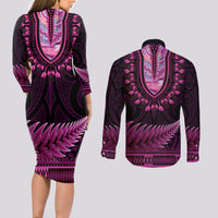 Pink African Dashiki With Aotearoa Maori Couples Matching Long Sleeve Bodycon Dress and Long Sleeve Button Shirt Paua Shell Mix Silver Fern LT14 - Polynesian Pride