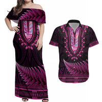 Pink African Dashiki With Aotearoa Maori Couples Matching Off Shoulder Maxi Dress and Hawaiian Shirt Paua Shell Mix Silver Fern LT14 Pink - Polynesian Pride