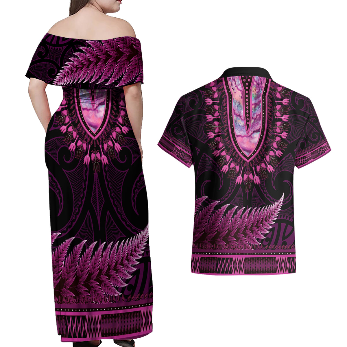 Pink African Dashiki With Aotearoa Maori Couples Matching Off Shoulder Maxi Dress and Hawaiian Shirt Paua Shell Mix Silver Fern LT14 - Polynesian Pride