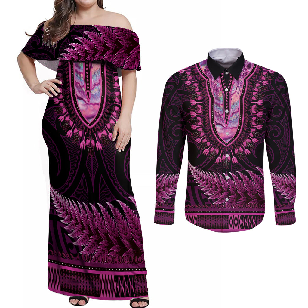 Pink African Dashiki With Aotearoa Maori Couples Matching Off Shoulder Maxi Dress and Long Sleeve Button Shirt Paua Shell Mix Silver Fern LT14 Pink - Polynesian Pride