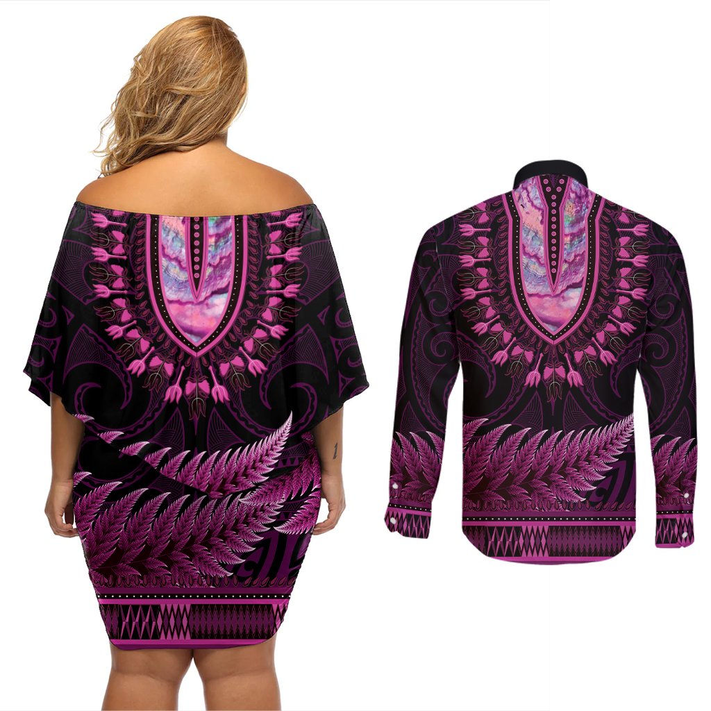 Pink African Dashiki With Aotearoa Maori Couples Matching Off Shoulder Short Dress and Long Sleeve Button Shirt Paua Shell Mix Silver Fern LT14 - Polynesian Pride