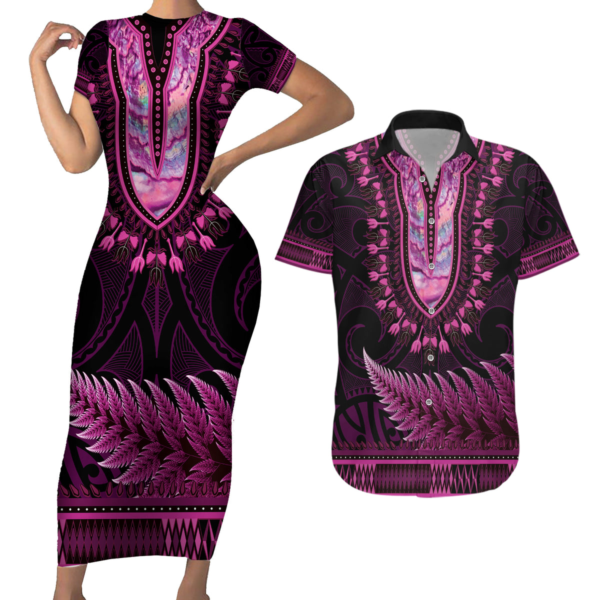 Pink African Dashiki With Aotearoa Maori Couples Matching Short Sleeve Bodycon Dress and Hawaiian Shirt Paua Shell Mix Silver Fern LT14 Pink - Polynesian Pride