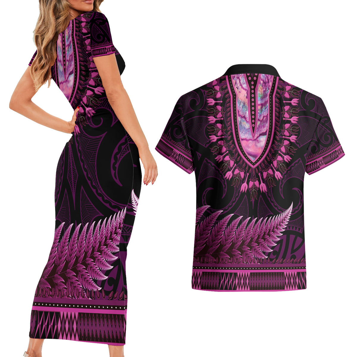 Pink African Dashiki With Aotearoa Maori Couples Matching Short Sleeve Bodycon Dress and Hawaiian Shirt Paua Shell Mix Silver Fern LT14 - Polynesian Pride