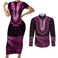 Pink African Dashiki With Aotearoa Maori Couples Matching Short Sleeve Bodycon Dress and Long Sleeve Button Shirt Paua Shell Mix Silver Fern LT14 Pink - Polynesian Pride