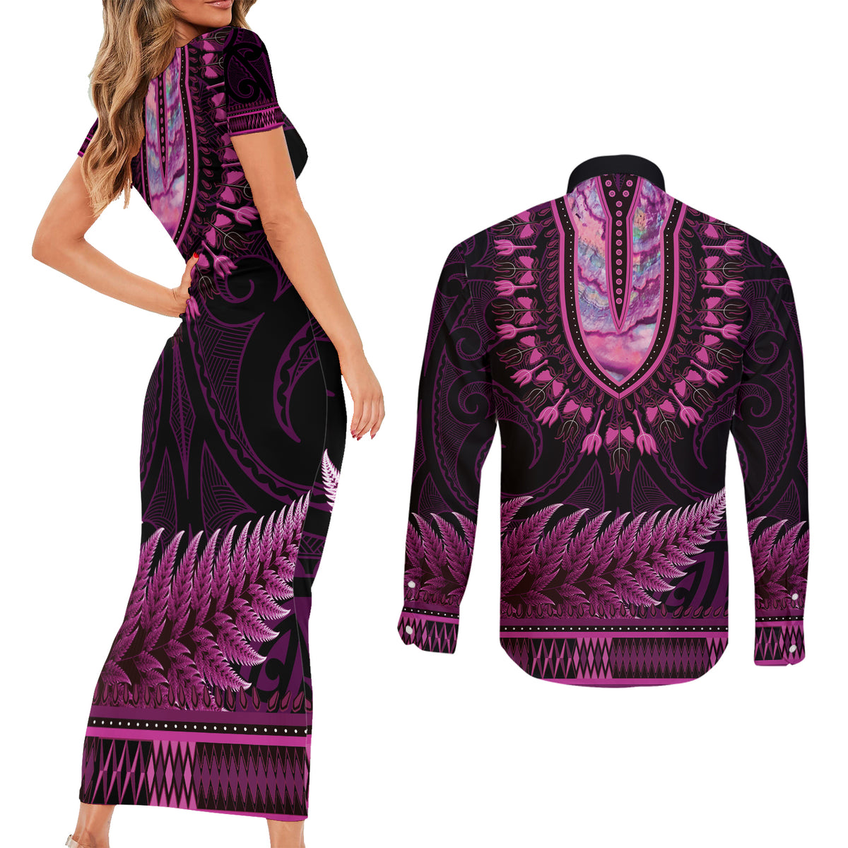 Pink African Dashiki With Aotearoa Maori Couples Matching Short Sleeve Bodycon Dress and Long Sleeve Button Shirt Paua Shell Mix Silver Fern LT14 - Polynesian Pride
