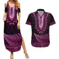 Pink African Dashiki With Aotearoa Maori Couples Matching Summer Maxi Dress and Hawaiian Shirt Paua Shell Mix Silver Fern LT14 Pink - Polynesian Pride