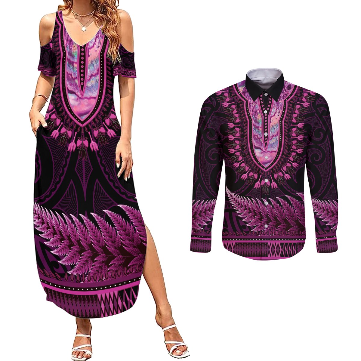 Pink African Dashiki With Aotearoa Maori Couples Matching Summer Maxi Dress and Long Sleeve Button Shirt Paua Shell Mix Silver Fern LT14 Pink - Polynesian Pride