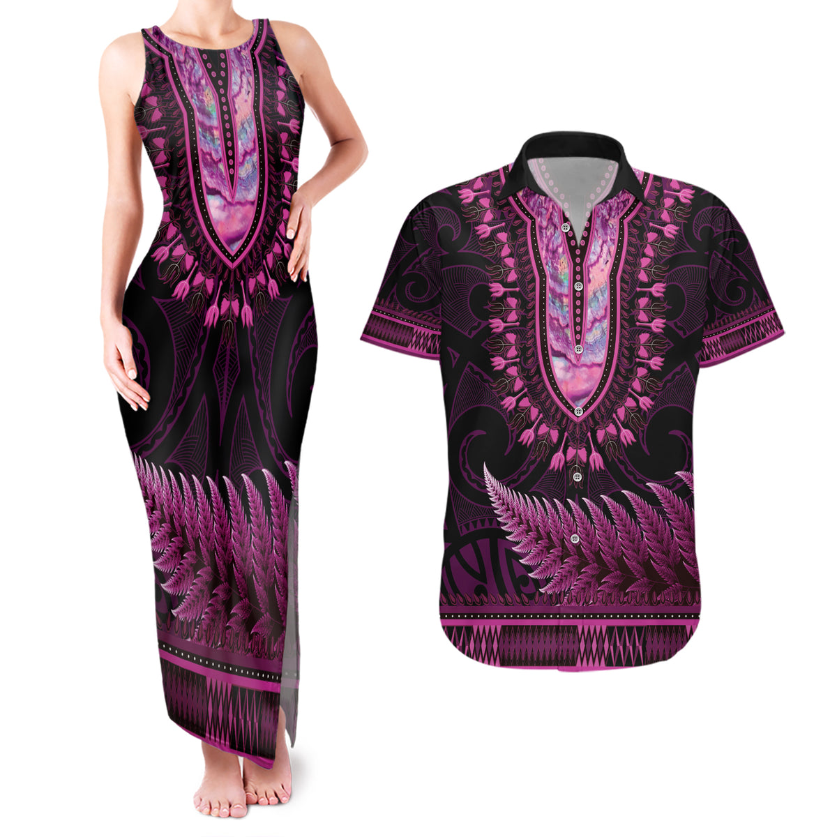 Pink African Dashiki With Aotearoa Maori Couples Matching Tank Maxi Dress and Hawaiian Shirt Paua Shell Mix Silver Fern LT14 Pink - Polynesian Pride