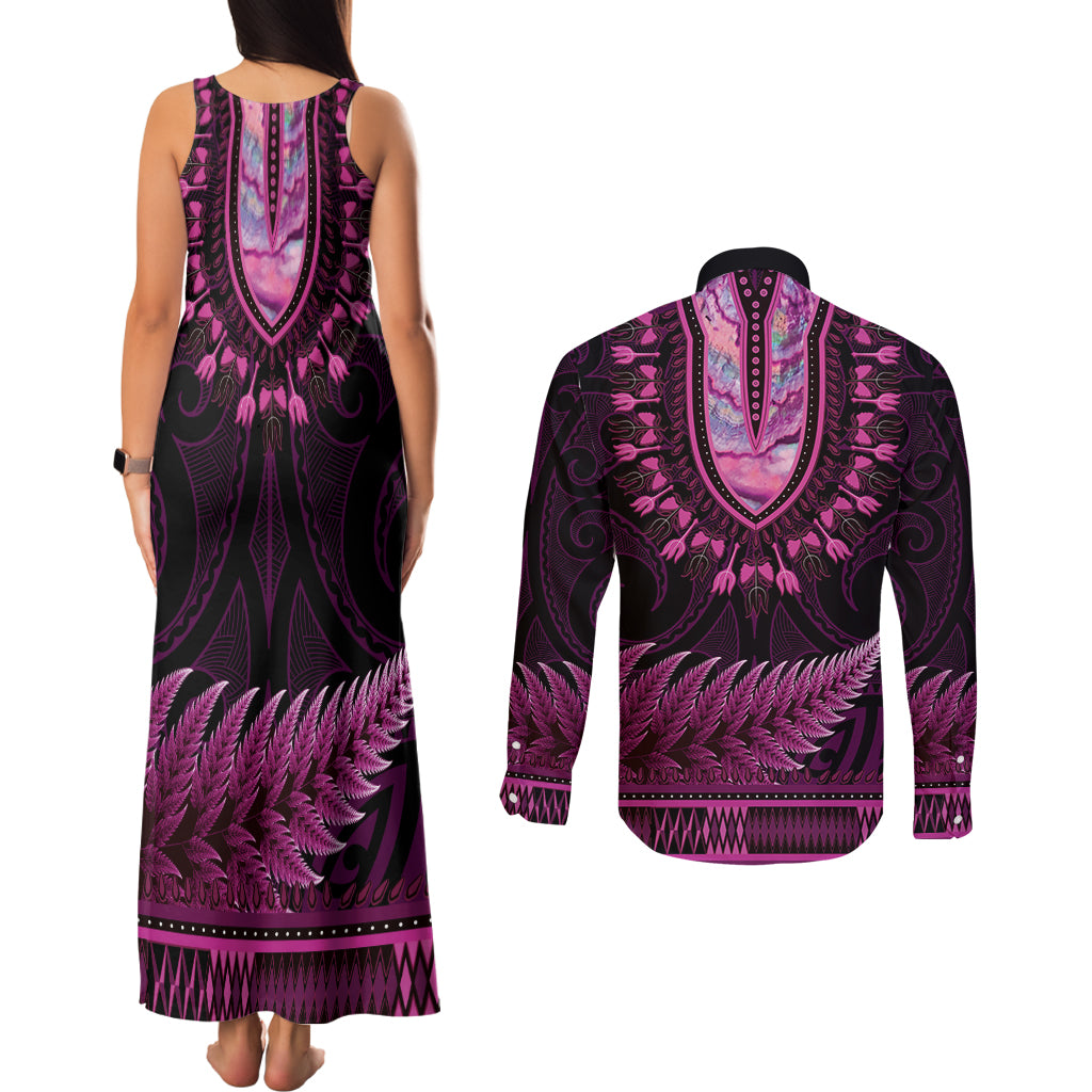 Pink African Dashiki With Aotearoa Maori Couples Matching Tank Maxi Dress and Long Sleeve Button Shirt Paua Shell Mix Silver Fern LT14 - Polynesian Pride