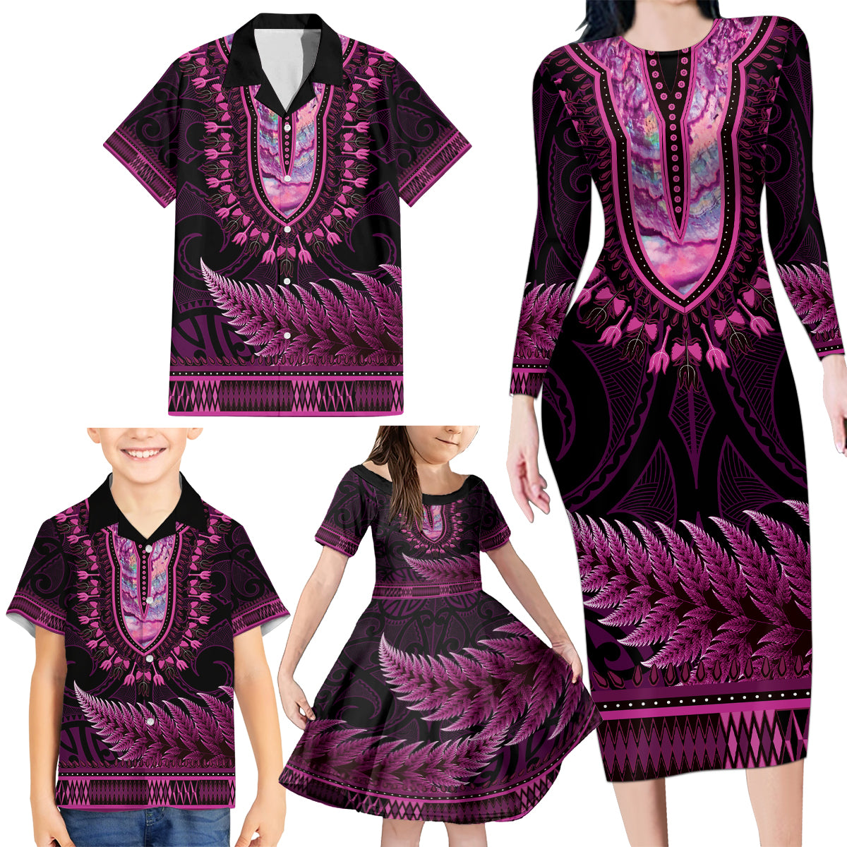 Pink African Dashiki With Aotearoa Maori Family Matching Long Sleeve Bodycon Dress and Hawaiian Shirt Paua Shell Mix Silver Fern LT14 - Polynesian Pride
