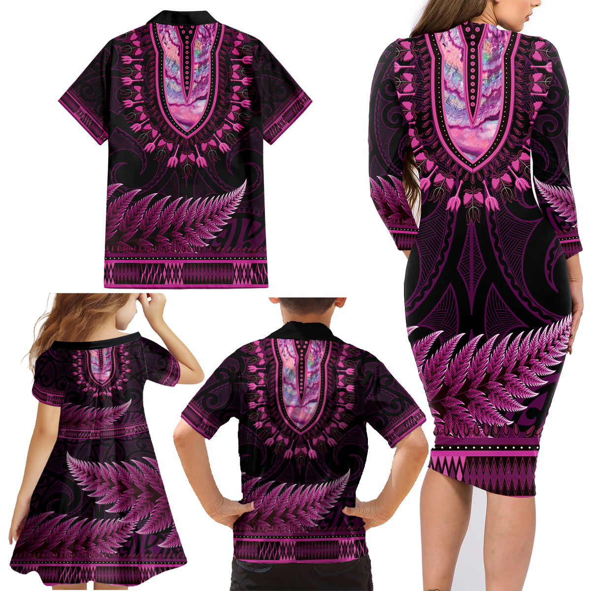 Pink African Dashiki With Aotearoa Maori Family Matching Long Sleeve Bodycon Dress and Hawaiian Shirt Paua Shell Mix Silver Fern LT14 - Polynesian Pride