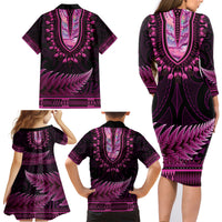 Pink African Dashiki With Aotearoa Maori Family Matching Long Sleeve Bodycon Dress and Hawaiian Shirt Paua Shell Mix Silver Fern LT14 - Polynesian Pride
