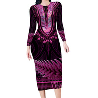 Pink African Dashiki With Aotearoa Maori Family Matching Long Sleeve Bodycon Dress and Hawaiian Shirt Paua Shell Mix Silver Fern LT14 Mom's Dress Pink - Polynesian Pride