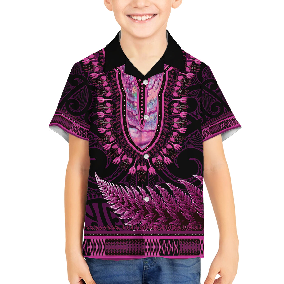 Pink African Dashiki With Aotearoa Maori Family Matching Long Sleeve Bodycon Dress and Hawaiian Shirt Paua Shell Mix Silver Fern LT14 Son's Shirt Pink - Polynesian Pride