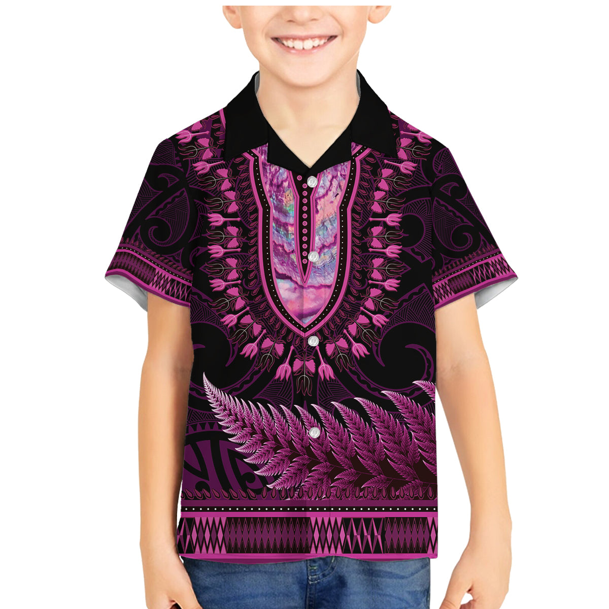 Pink African Dashiki With Aotearoa Maori Family Matching Mermaid Dress and Hawaiian Shirt Paua Shell Mix Silver Fern LT14 Son's Shirt Pink - Polynesian Pride