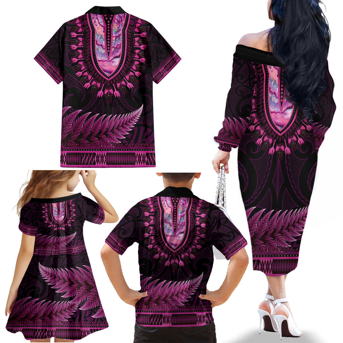 Pink African Dashiki With Aotearoa Maori Family Matching Off The Shoulder Long Sleeve Dress and Hawaiian Shirt Paua Shell Mix Silver Fern LT14 - Polynesian Pride