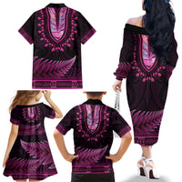 Pink African Dashiki With Aotearoa Maori Family Matching Off The Shoulder Long Sleeve Dress and Hawaiian Shirt Paua Shell Mix Silver Fern LT14 - Polynesian Pride