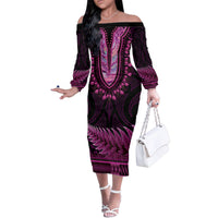 Pink African Dashiki With Aotearoa Maori Family Matching Off The Shoulder Long Sleeve Dress and Hawaiian Shirt Paua Shell Mix Silver Fern LT14 Mom's Dress Pink - Polynesian Pride