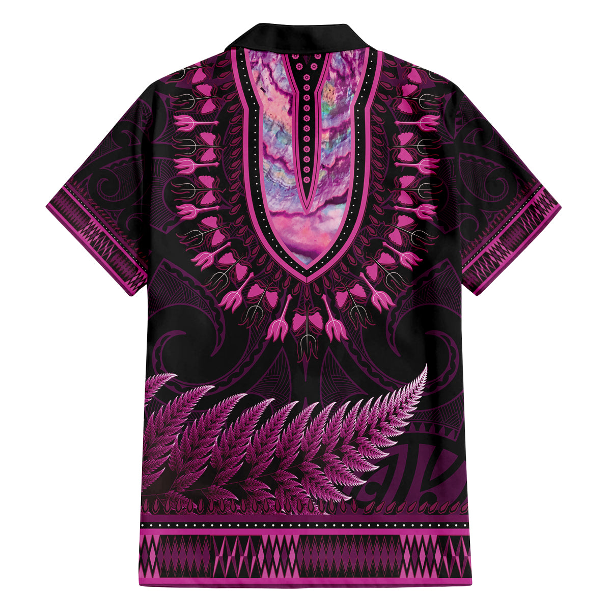 Pink African Dashiki With Aotearoa Maori Family Matching Off Shoulder Maxi Dress and Hawaiian Shirt Paua Shell Mix Silver Fern LT14 - Polynesian Pride