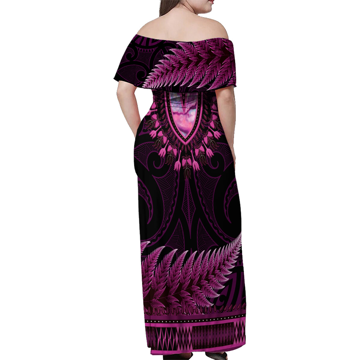 Pink African Dashiki With Aotearoa Maori Family Matching Off Shoulder Maxi Dress and Hawaiian Shirt Paua Shell Mix Silver Fern LT14 - Polynesian Pride