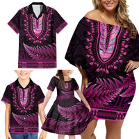 Pink African Dashiki With Aotearoa Maori Family Matching Off Shoulder Short Dress and Hawaiian Shirt Paua Shell Mix Silver Fern LT14 - Polynesian Pride