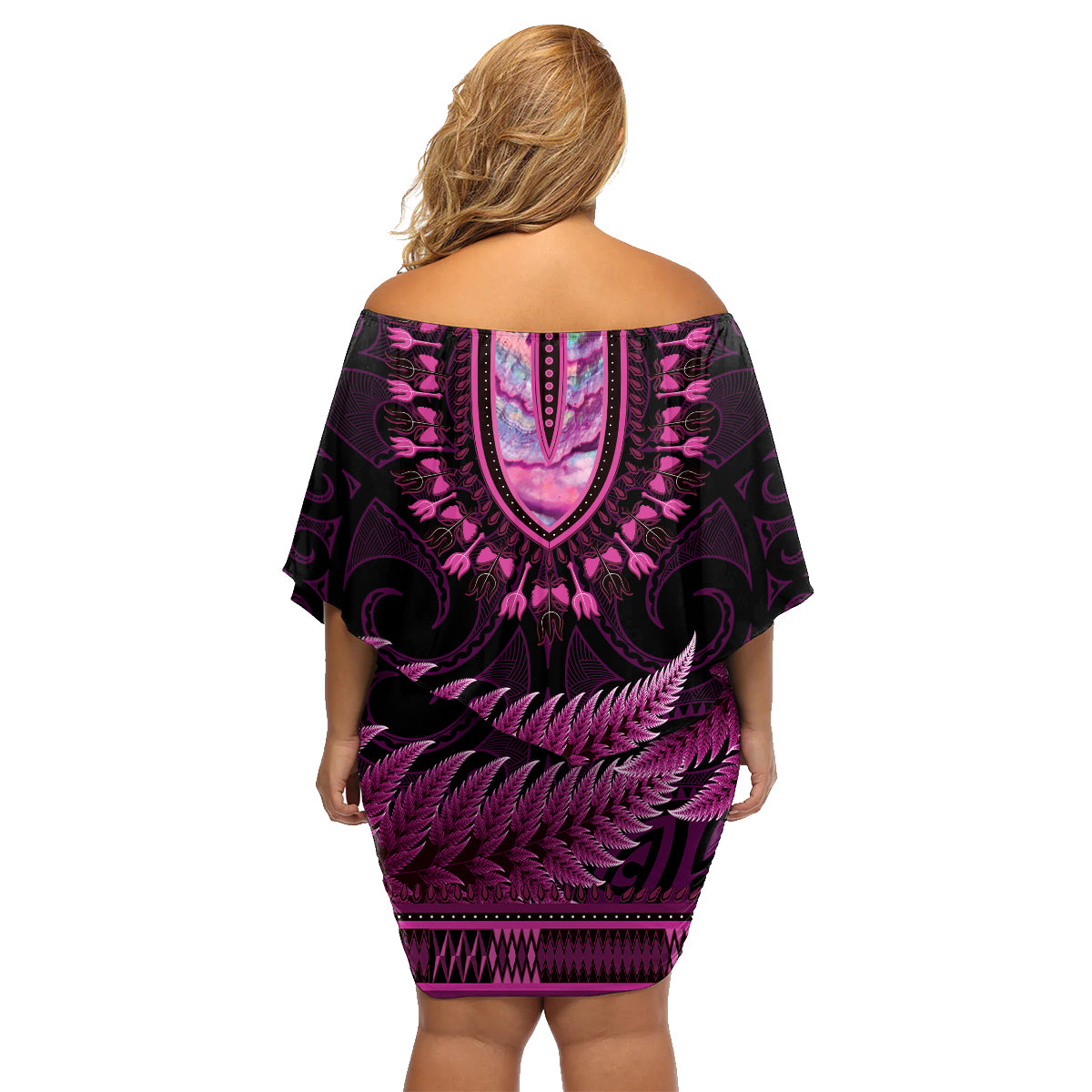 Pink African Dashiki With Aotearoa Maori Family Matching Off Shoulder Short Dress and Hawaiian Shirt Paua Shell Mix Silver Fern LT14 - Polynesian Pride