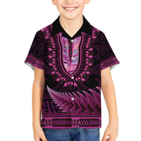 Pink African Dashiki With Aotearoa Maori Family Matching Off Shoulder Short Dress and Hawaiian Shirt Paua Shell Mix Silver Fern LT14 Son's Shirt Pink - Polynesian Pride