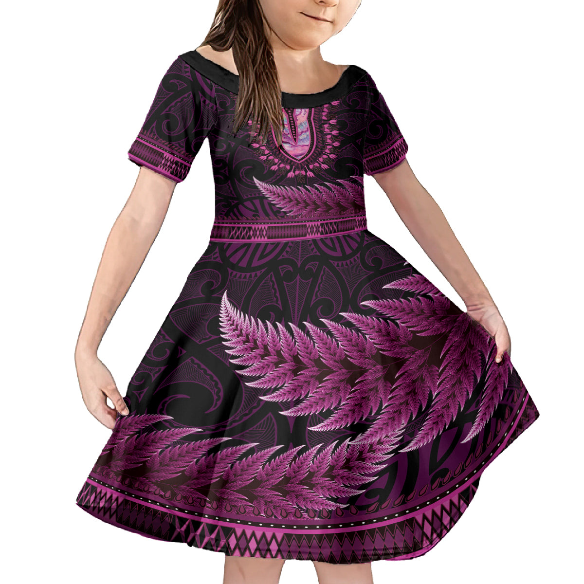 Pink African Dashiki With Aotearoa Maori Family Matching Puletasi and Hawaiian Shirt Paua Shell Mix Silver Fern LT14 Daughter's Dress Pink - Polynesian Pride