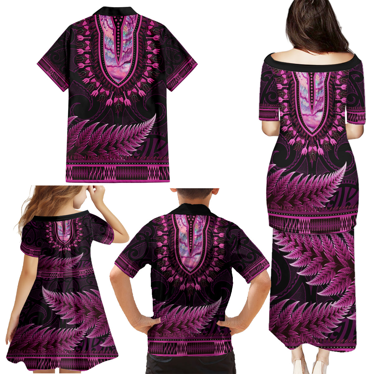Pink African Dashiki With Aotearoa Maori Family Matching Puletasi and Hawaiian Shirt Paua Shell Mix Silver Fern LT14 - Polynesian Pride