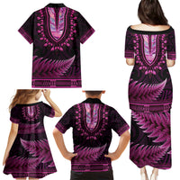 Pink African Dashiki With Aotearoa Maori Family Matching Puletasi and Hawaiian Shirt Paua Shell Mix Silver Fern LT14 - Polynesian Pride