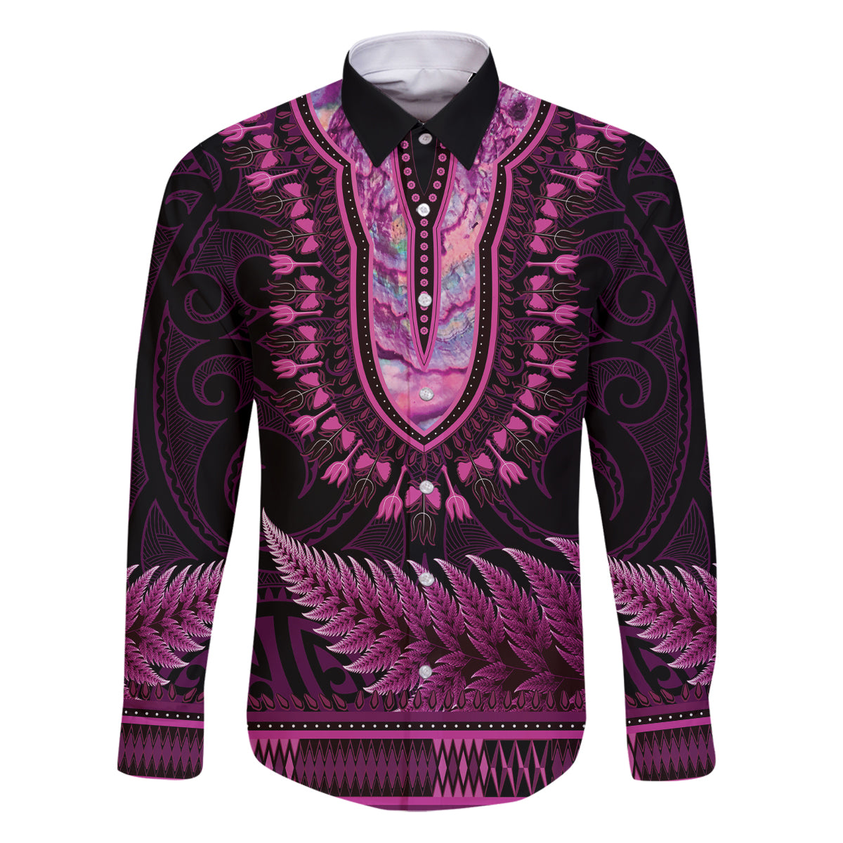 Pink African Dashiki With Aotearoa Maori Family Matching Puletasi and Hawaiian Shirt Paua Shell Mix Silver Fern LT14 Dad's Shirt - Long Sleeve Pink - Polynesian Pride