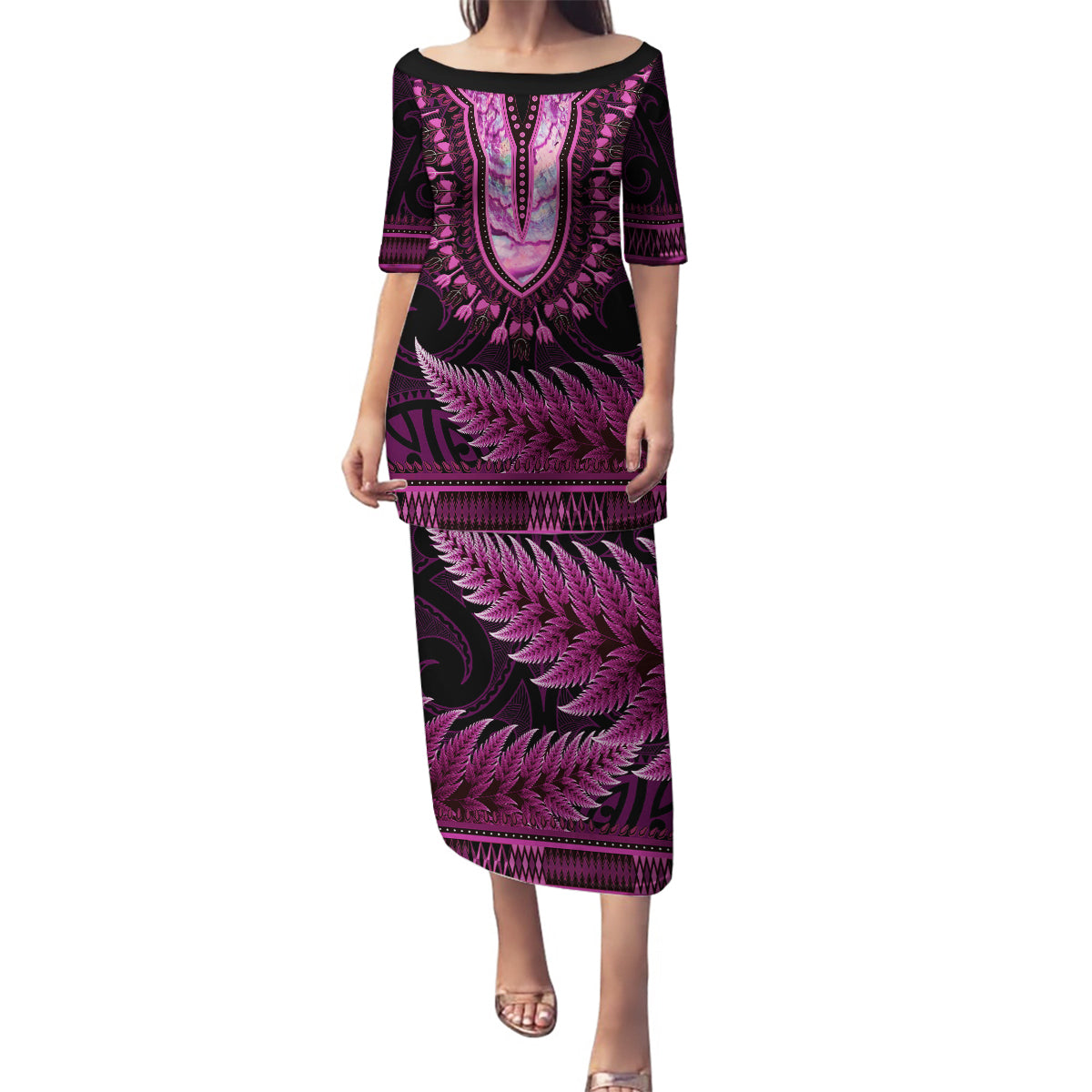 Pink African Dashiki With Aotearoa Maori Family Matching Puletasi and Hawaiian Shirt Paua Shell Mix Silver Fern LT14 Mom's Dress Pink - Polynesian Pride